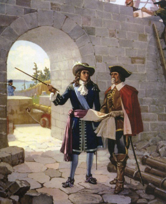 La Salle inspecting the Construction of the Fort at Cataraqui (Kingston) 1676 (LAC C-007962).